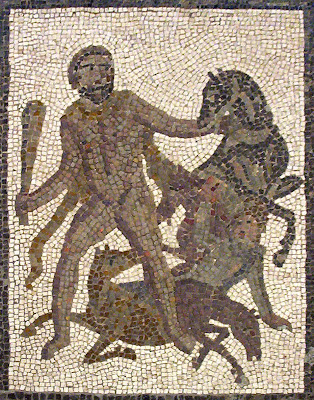 Hercules capturing the Mares of Diomedes. Roman mosaic, 3rd century AD from Valencia, Spain