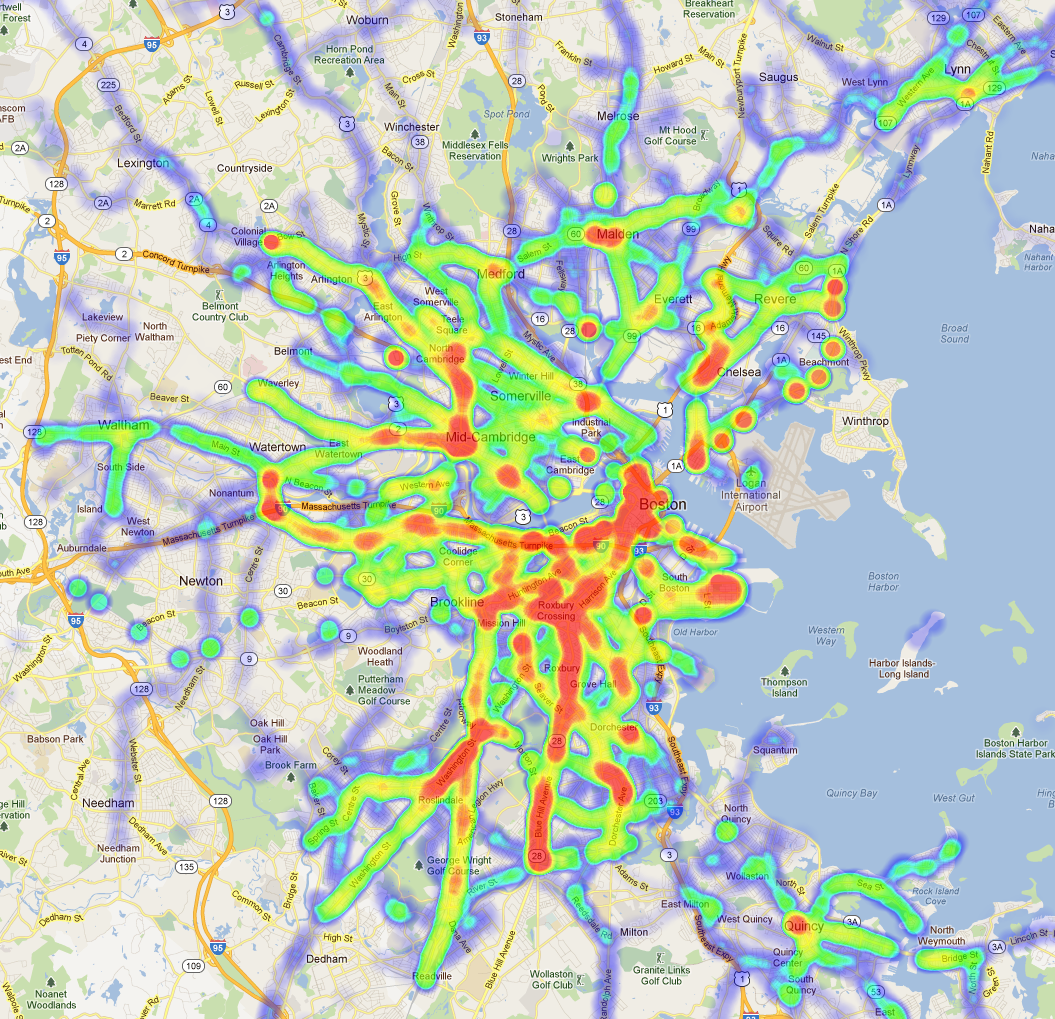The Walking Bostonian MBTA service heat map