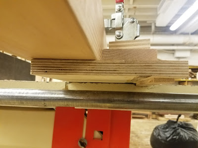 jig consists of a piece of plywood screwed at an angle stacked on top of a plywood base plate. Two clamps on top hold the wood to the jig.