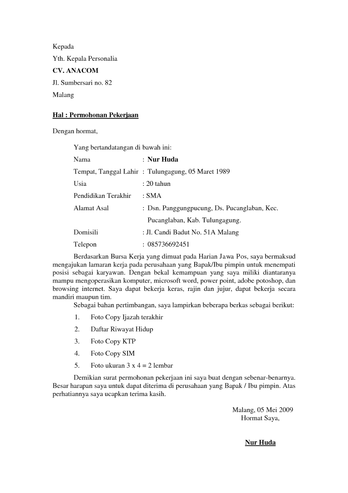 Contoh Surat Lamaran Kerja Yang Baik Dan Benar Sederhana