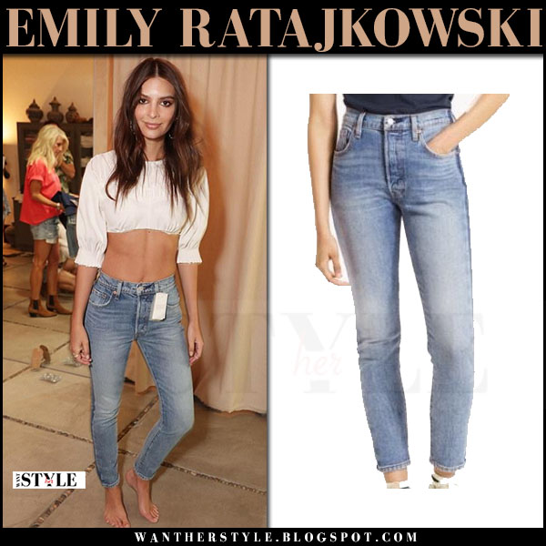 Emily Ratajkowski in skinny jeans and white cropped top at Coachella on  April 15 ~ I want her style - What celebrities wore and where to buy it.  Celebrity Style