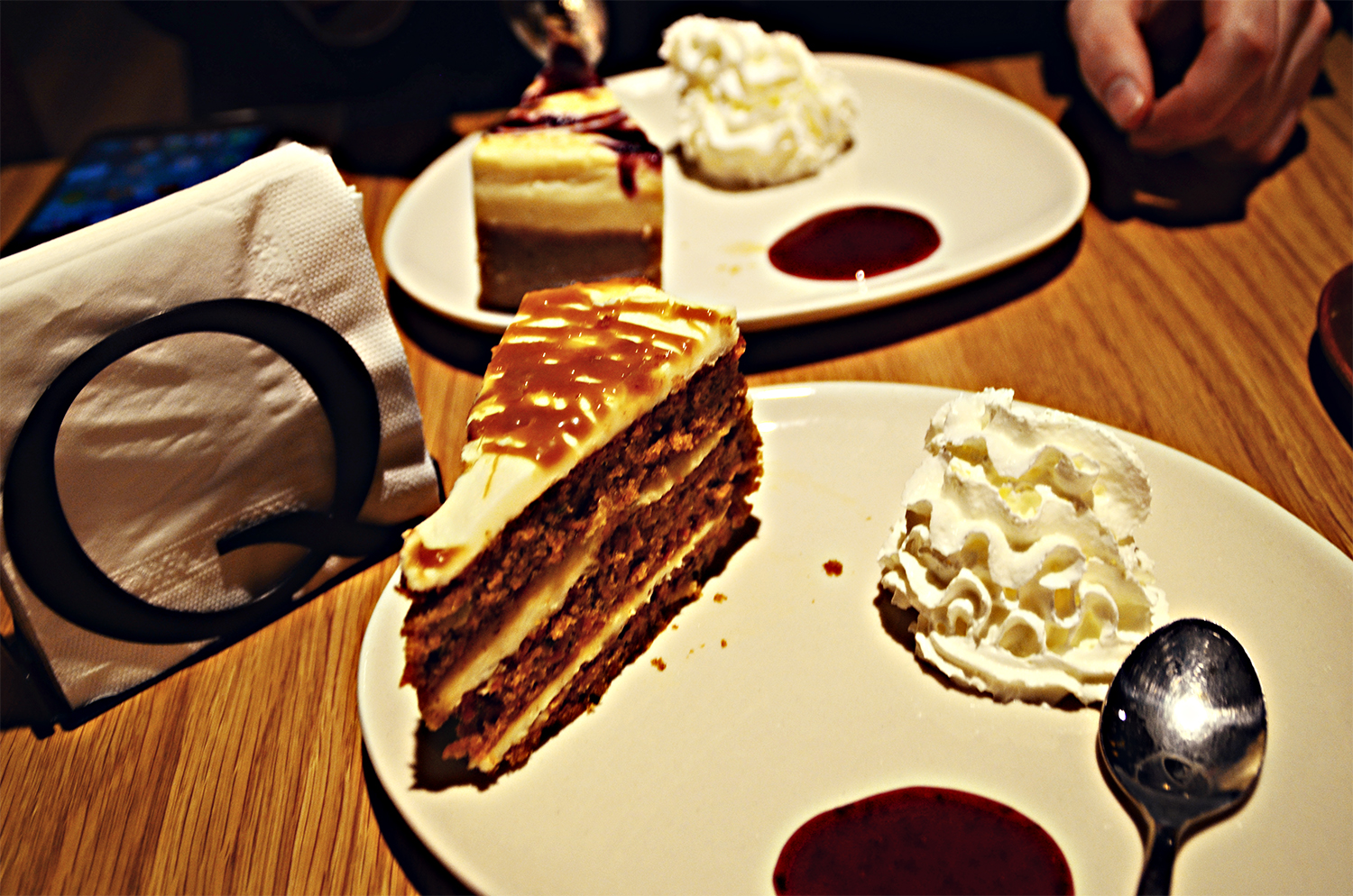Chocolate caramel carrot cake, cream, Mas Q Menos Deserts Menu Review