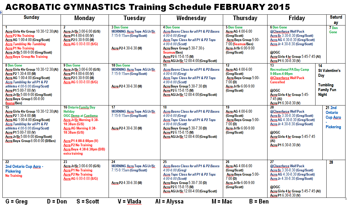 Oakville Gymnastics Club Acrobatic Gymnastics Team February Schedule