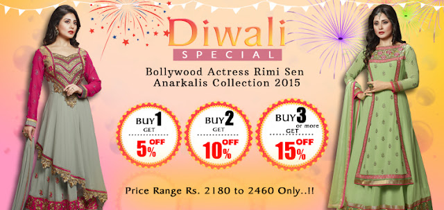 Diwali seaon special discount on bollywood heroine Rimi Sen Indian designer anarkali salwar suits online collection at pavitraa.in