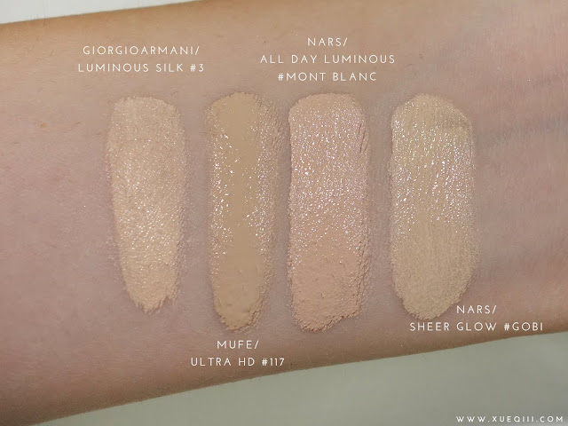 Giorgio Armani Luminous Silk Foundation 3, MUFE Ultra HD 117, Nars All Day Luminous Mont Blanc, Nars Sheer Glow Gobi Giorgio Armani Luminous Silk Foundation Shade 3 Review and Demo