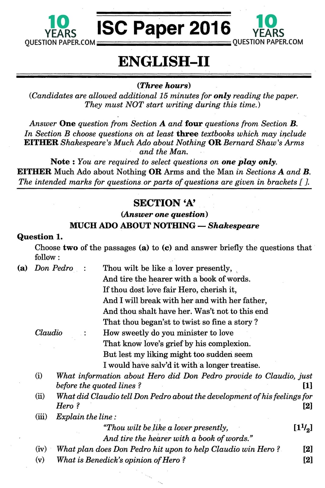 isc 2016 class 12th English literature paper II answers isc 2016 class 12th English literature question paper 2 solution