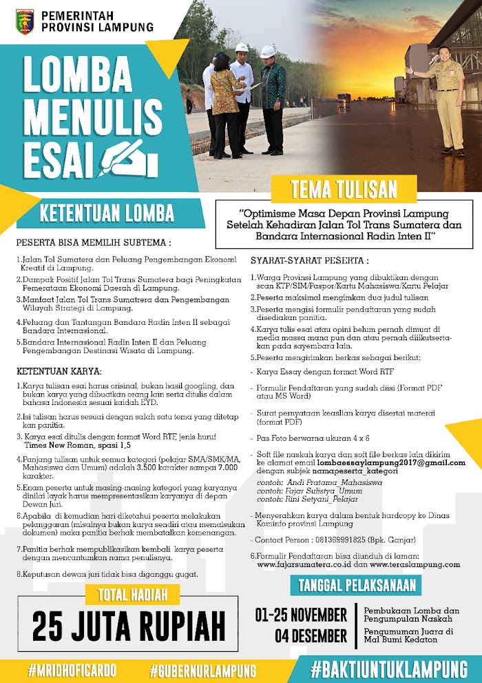 Pemprov Lampung Gelar Lomba Menulis Esai tentang JTTS dan Bandara Radin Inten II Berhadiah Total Rp 25 Juta