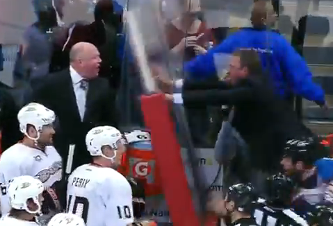 roy patrick shoves after glass going coach opposing partition nhl denver wednesday end night game