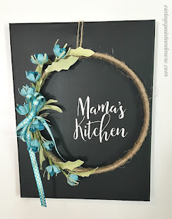 Vintage Paint and more,,, mama's kitchen transfer done on a black stretch artist canvas with a wood hoop wreath added