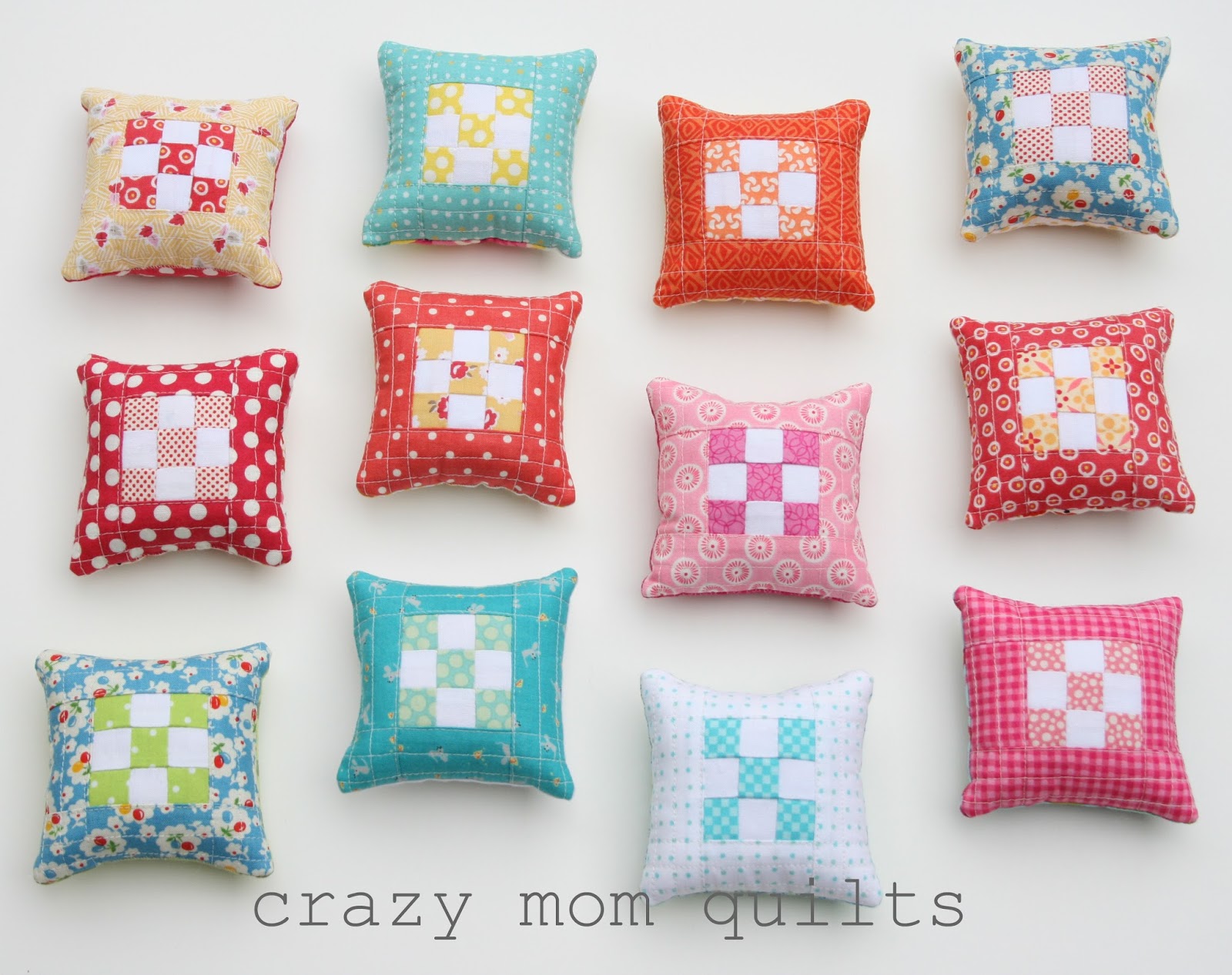 crazy mom quilts mini 9 patch pin cushion tutorial