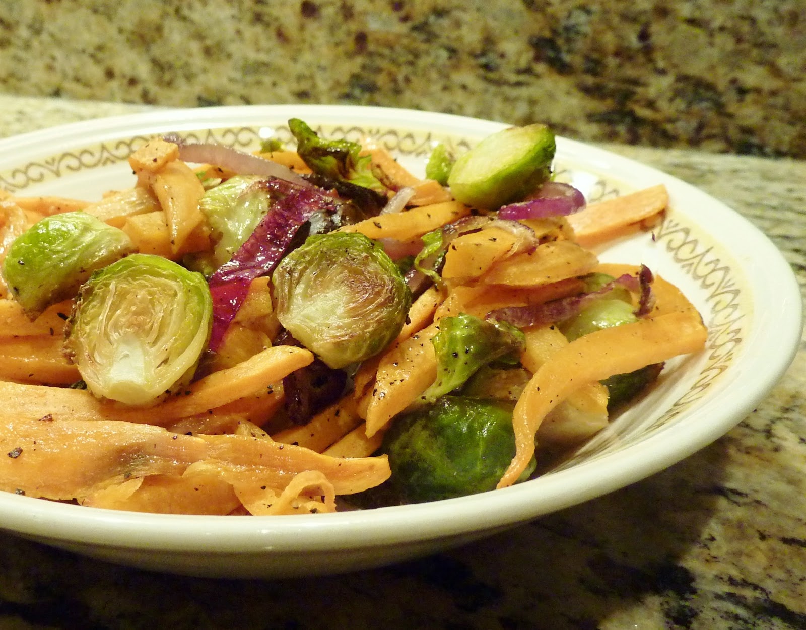 Simple Plates Roasted Brussel Sprouts w/ Matchstick Sweet Potatoes and