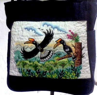 Flying Enggang Bird Denim Bag Embroidered.