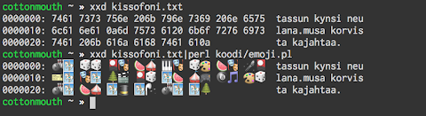 [Image: Terminal screenshot showing a hex dump of a poem and the same with all hex numbers replaced with emoji. kissofoni; tassun kynsi neulana / musa korvista kajahtaa]