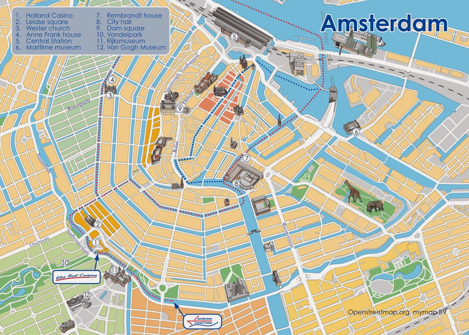 Mapa con recorridos en barco por Amsterdam. Paseo en barco por sus canales