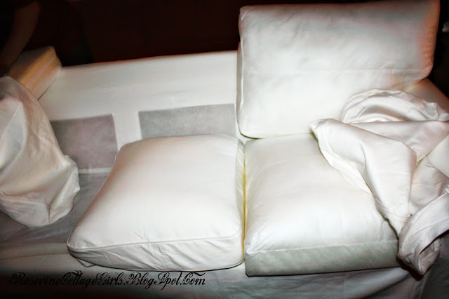 Putting the pillow covers on an Ikea Couch | Ikea Couch Review | Rosevinecottagegirls.com