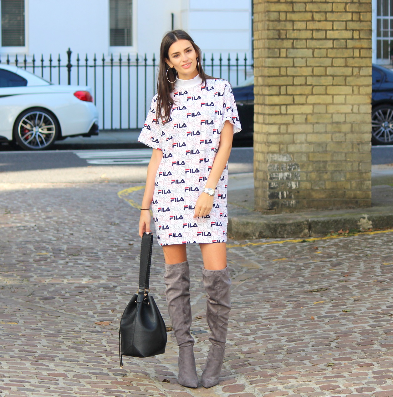 peexo fashion blogger wearing fila asos exclusive dress and knee high boots