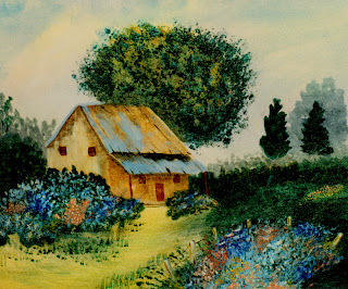Pintura abstracta de una casa de campo o cabaña