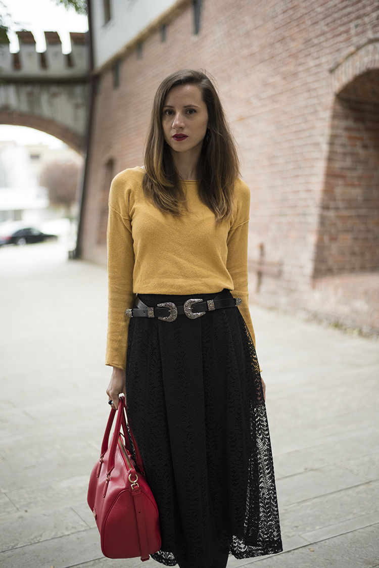 Skinny Buddha lace midi skirt Musette red bag Skinny Buddha lace midi skirt Musette red bag