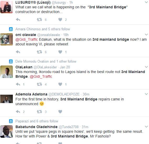 7 Traffic on 3rd Mainland Bridge: Nigerians lash out at Fashola over unannounced repairs