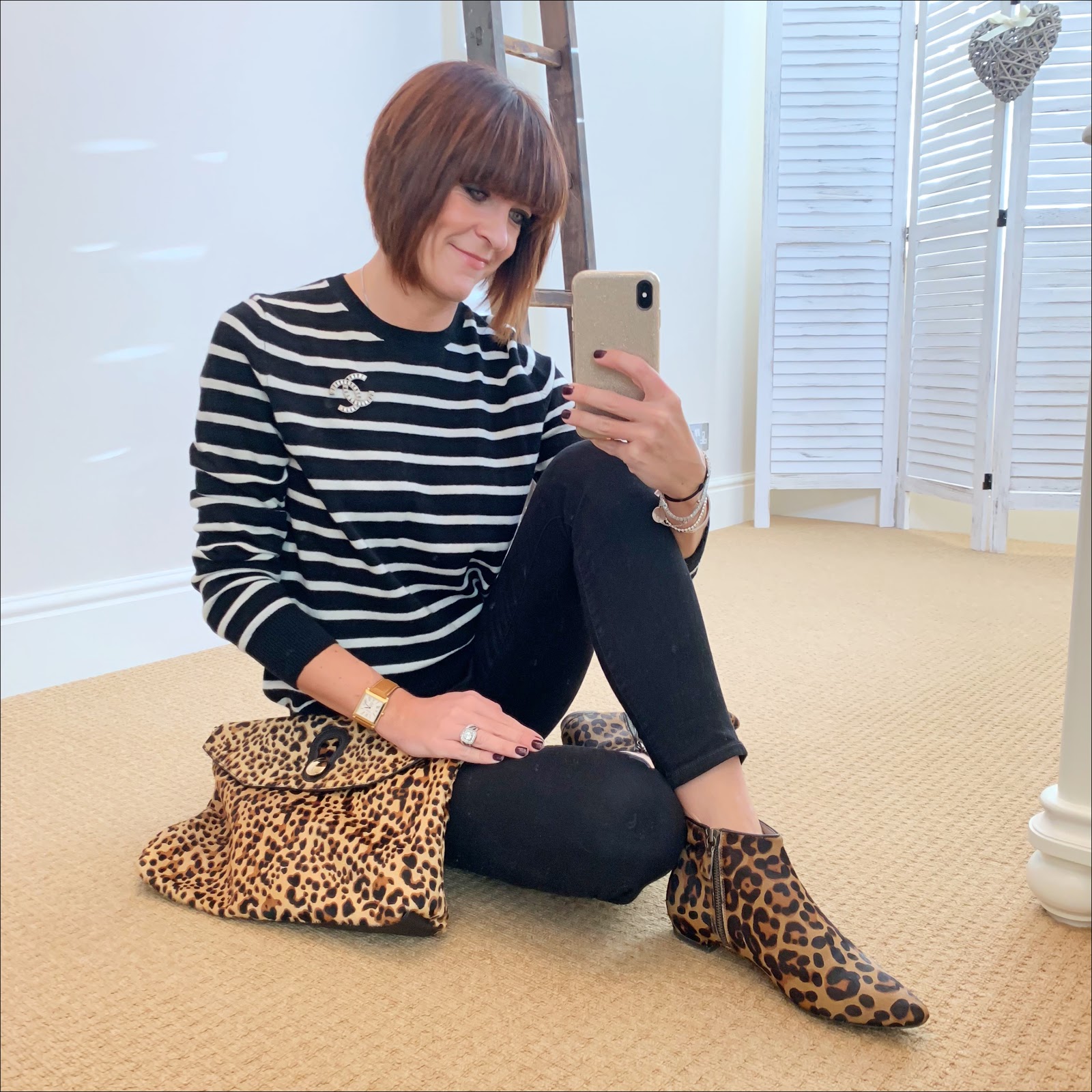 my midlife fashion, marks and spencer pure cashmere striped crew neck jumper, chanel vintage brooch, j crew 8 inch toothpick jeans, boden leopard print boots, zara leopard print bag