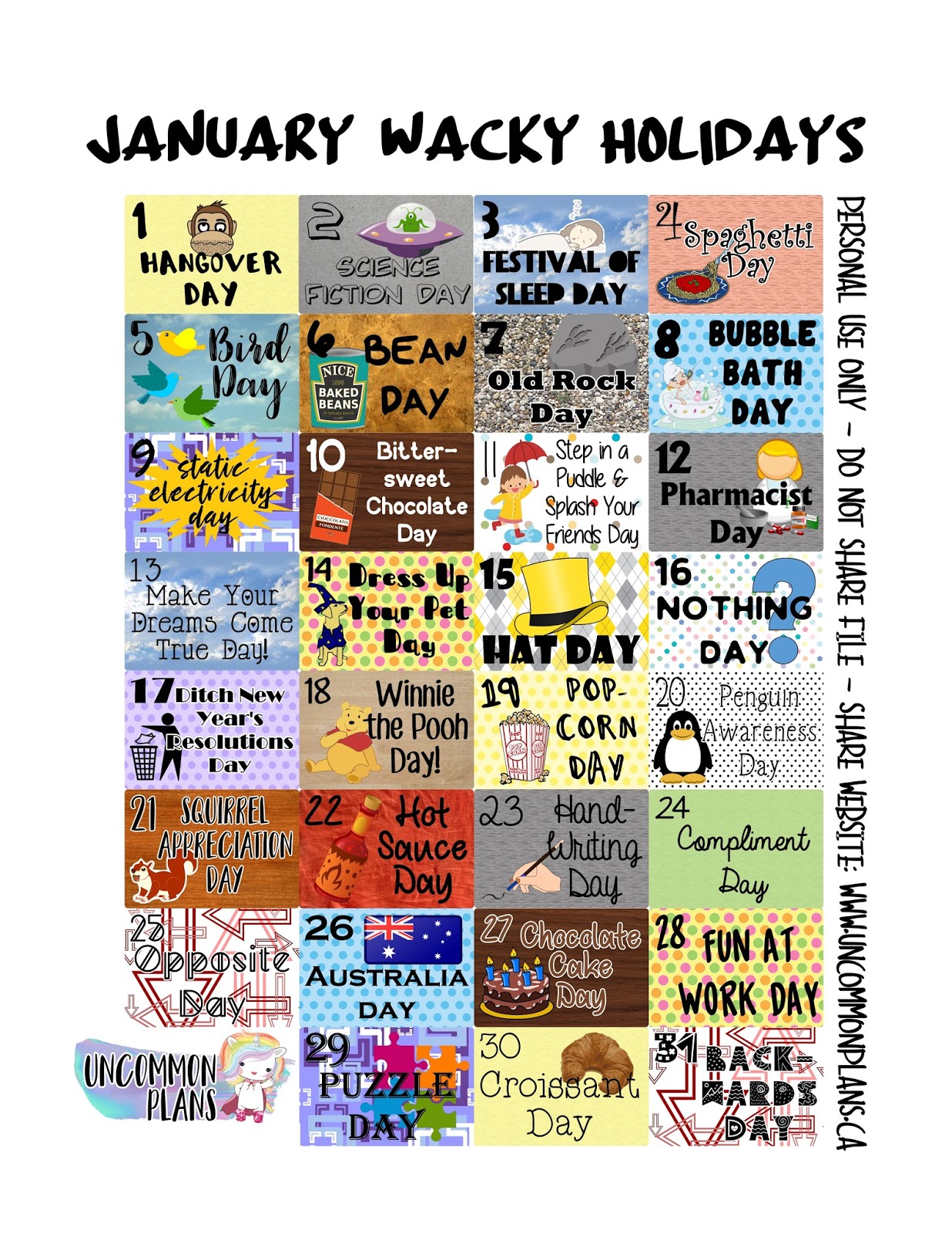 Plans Free Planner Printable January Wacky & Fun Holidays!
