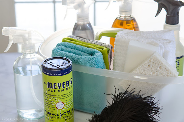 Find out what essentials you should include in a well stocked cleaning caddy to make weekly home maintenance quick, easy, and painless.  #cleaning #essentials #supplies #organization |  www.andersonandgrant.com