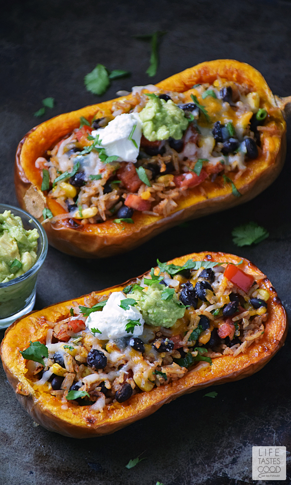 Stuffed Butternut Squash | by Life Tastes Good is a meatless meal packed full of fresh flavors inspired by Mexican cuisine. This recipe comes in a handy bowl you can eat too! #LTGrecipes