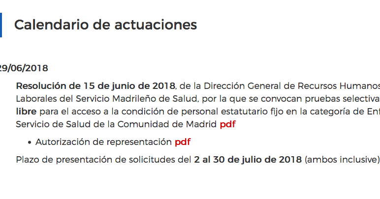 Bebé Espesar medias Convocatoria para la OPE Madrid - 2019 Enfermería