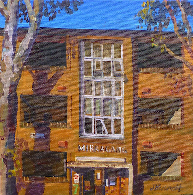 plein air oil painting of housing commission apartments in Cowper Street Glebe/Ultimo by artist Jane Bennett