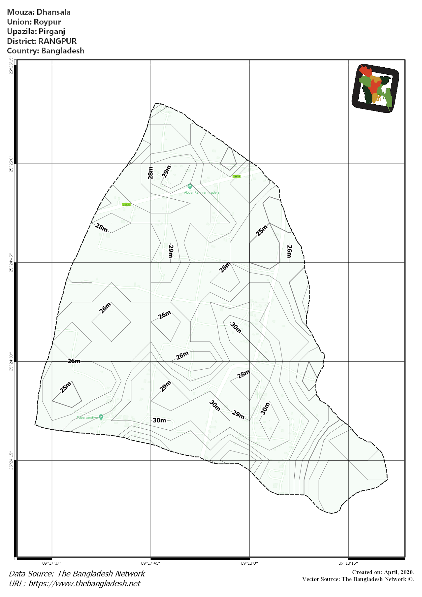 Map of Dhansala Mouza of Pirganj Upazila, RANGPUR, Bangladesh.