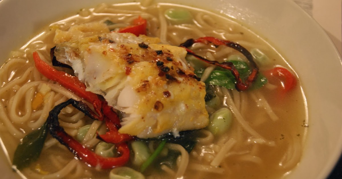 Chilli, lemon and ginger noodle soup with fish... Frills 'n' Spills