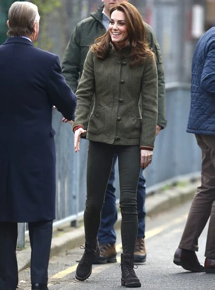 Kate Middleton wore Dubarry jacket, See By Chloe ankle boots, KIKI McDonough Lauren gold diamond pave leaf earrings