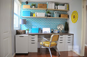 Light, bright and cheery home office with open shelving :: OrganizignMadeFun.com