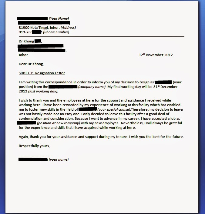 Example of resign letter/ Contoh surat berhenti kerja 