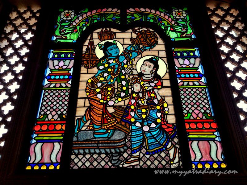 Krishna makhan chor stained glass window vedic art gallery - ISKCON Jaipur, Rajasthan