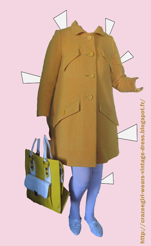 vintage 60s 70s 1960 1970 années 60 70 brocante manteau jaune laine sac vinyl tote bag yellow vintage 60s Yellow coat - De Seyne - charity shop in Meaux  70s patent tote bag - Car boot sale ( Champigny Sur Marne i guess)  brown dress huge pointed collar - Etsy  off white tights - Fabio Lucci ... si si again  white oxford lace up shoes , hard to date - Weyl - yard sales (Poincy)