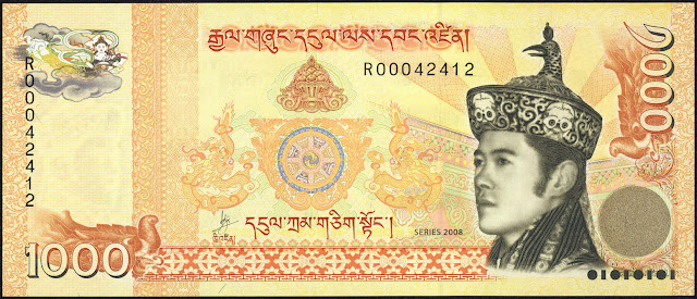 Bhutan Currency 1000 Ngultrum banknote 2008 King Jigme Khesar Namgyel Wangchuck