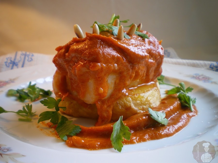 Bacalao a la vizcaína sobre patata confitada
