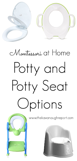 A look at different potty and potty seat options for your Montessori home. Here are some benefits and disadvantages for each type of seat and some examples to find something that works for you. 