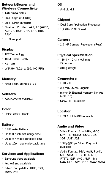 Samsung Galaxy Tab 3 Lite 7 Specs