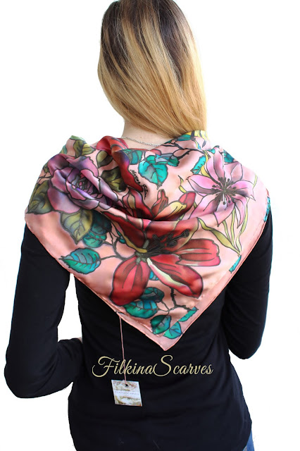 ORDER in my Etsy shop - #FilkinaScarves - Pale pink square silk scarf Satin neckerchief HAND-PAINTED Floral neck accessory Unique women Mother's Day gift  #mothersdaygift #giftformom #giftforgrandmother #silkpainting #floralscarves #womensgifts #womensfashion #womensaccessory #neckerchief #squarescarves #neckscarf
