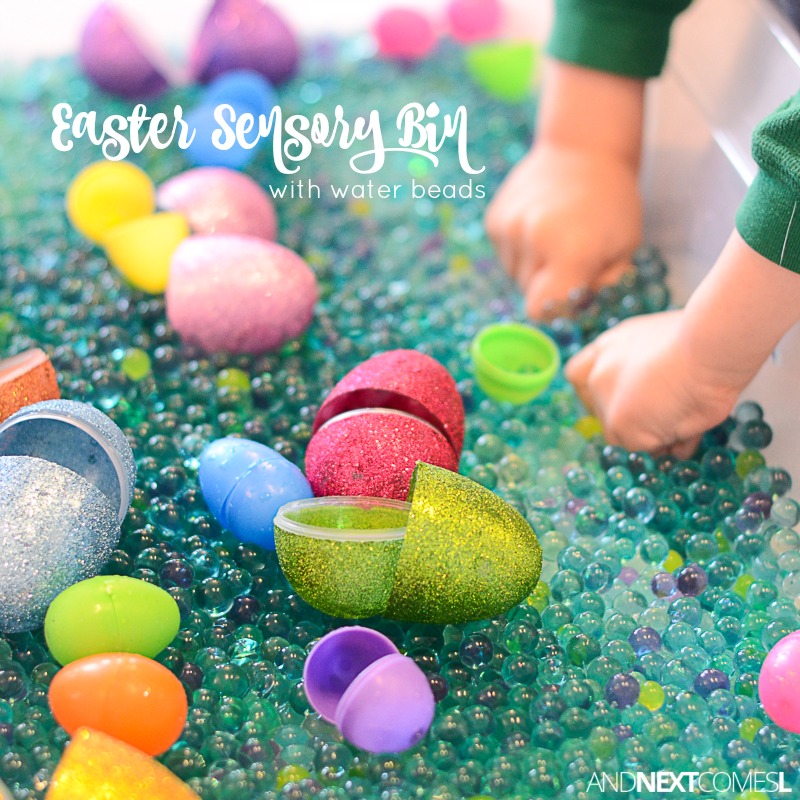 Easter Sensory Bin with Scented Water Beads And Next Comes L