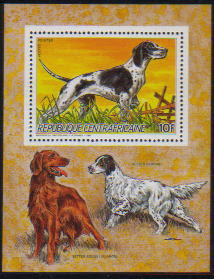 1986年中央アフリカ共和国　ポインター、イリッシュ・セター、イングリッシュ・セターの切手シート