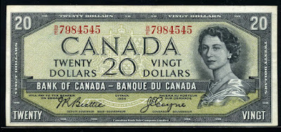 Canadian Currency banknotes dollars, Queen Elizabeth