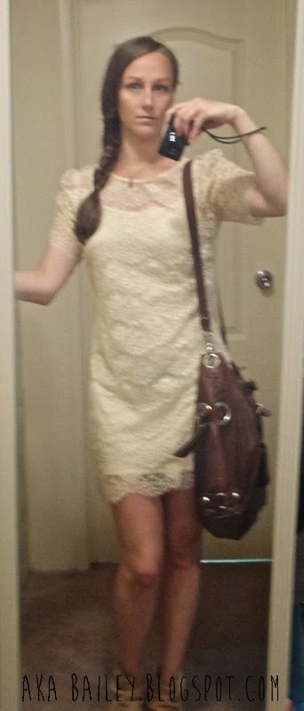 White lacy dress, beige booties, brown bag, fishtail braid