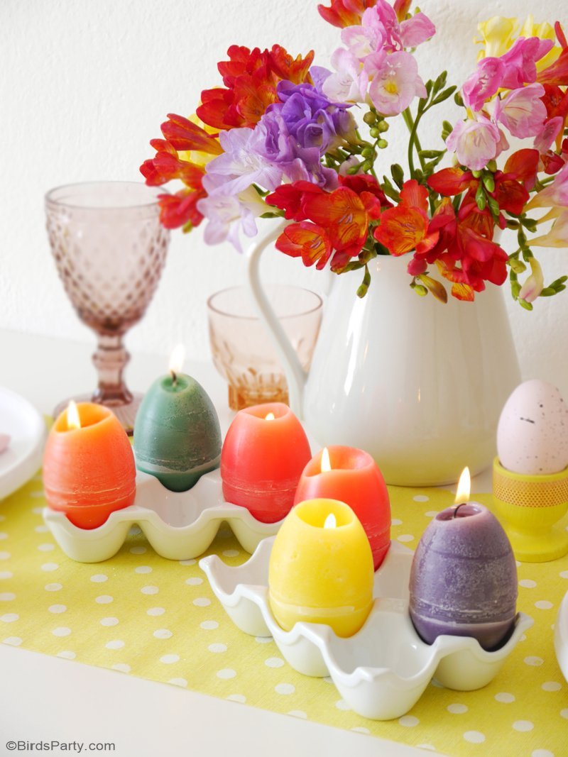 DIY Easter Egg Candles - easy and fun to make craft idea using plastic eggs, perfect to decorate spring tables or to gift as a handmade party favor! by BirdsParty;com @birdsparty #diy #crafts #diycandles #eastercabndles #diyeastereggcandles #easter #eastercandles #eggcandles