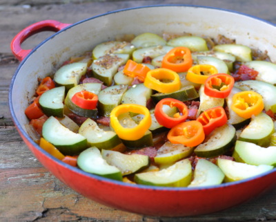 Balkan Summer Sausage Stew, another one-pot Quick Supper ♥ KitchenParade.com, a small portion of flavor-packed summer sausage with zucchini, tomatoes, potatoes or turnips, a hearty, satisfying dinner. Low Carb. PP5.