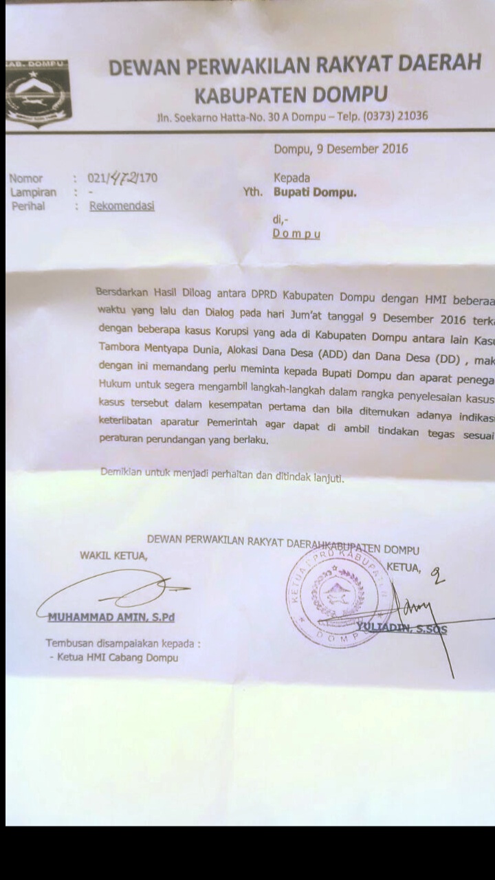 Dukung Aspirasi Hmi Dprd Dompu Terbitkan Surat Rekomendasi