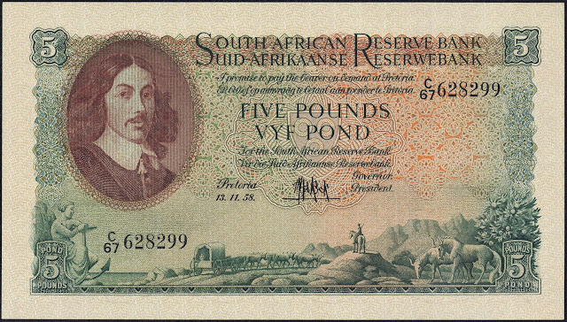 South African Currency 5 Pounds banknote 1958 Jan van Riebeeck