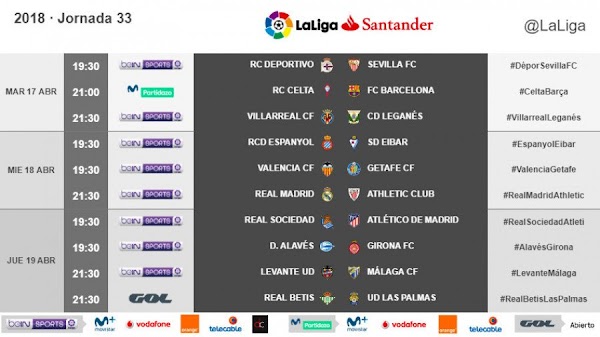 Liga Santander 2017/2018, horarios oficiales de la jornada 33